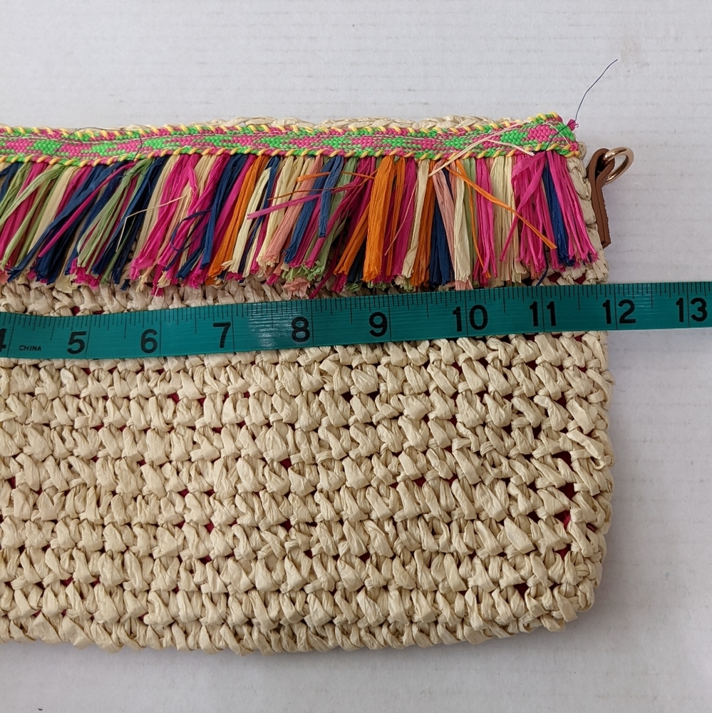 I.N.C Raffia Straw Colorful Fringe Trim Wristlet Clutch Crossbody Bag Resort - Picture 10 of 10